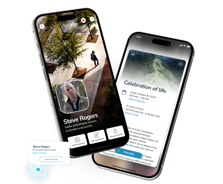 Two smartphones displaying a memorial app interface featuring a tribute profile for Steve Rogers and an event screen for a celebration of life ceremony.. mobile.