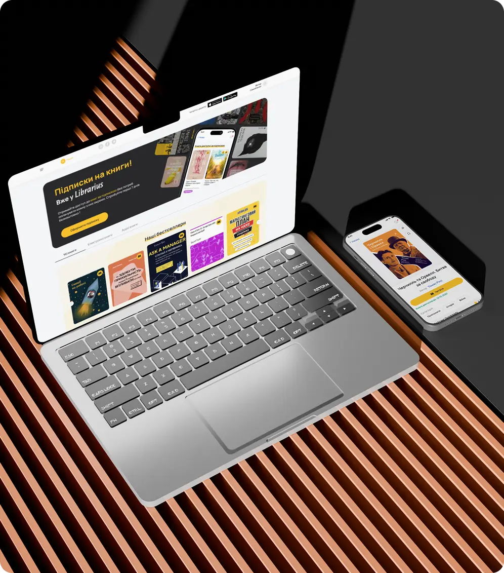 Librarius book marketplace app developed for web, iOS, and Android platforms. background. mobile.