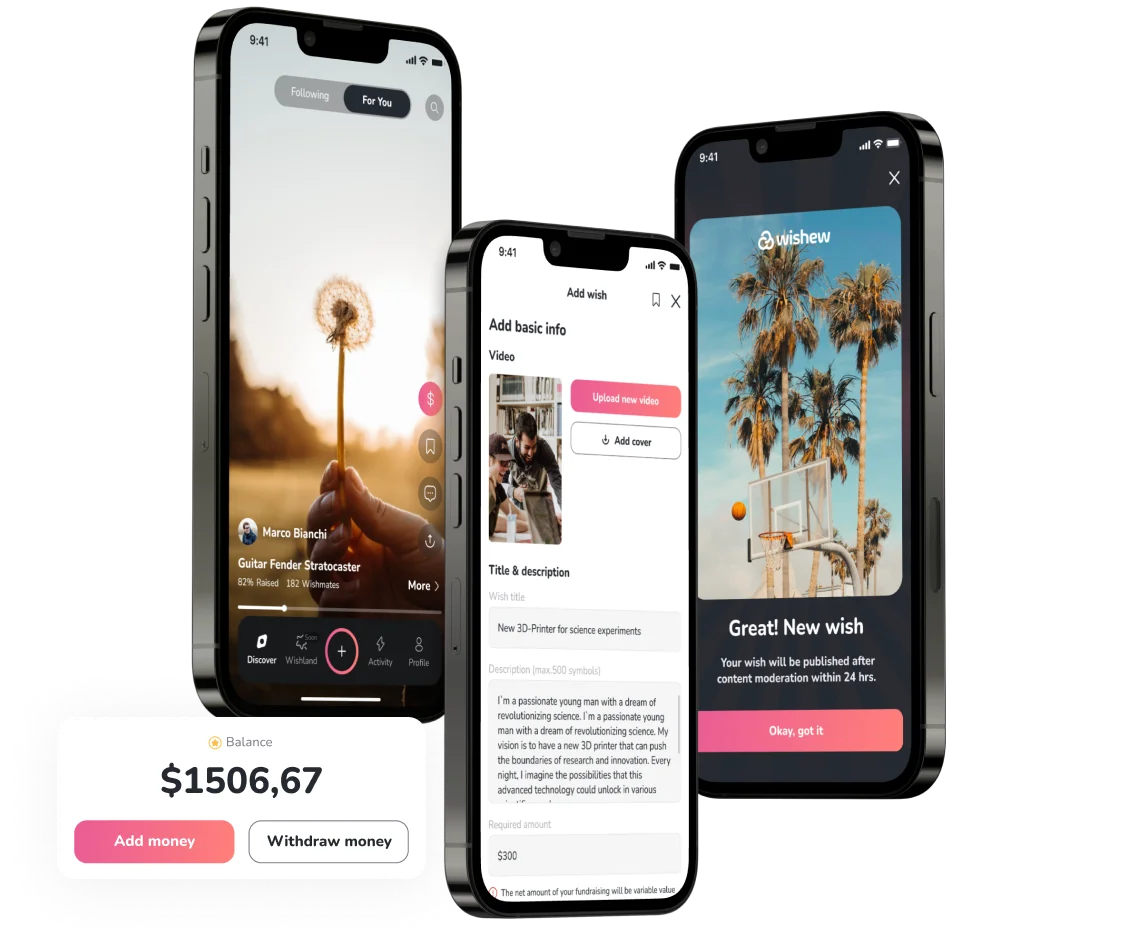 Wishew social app of wishes developed for Web, iOS, and Android platforms. mobile.
